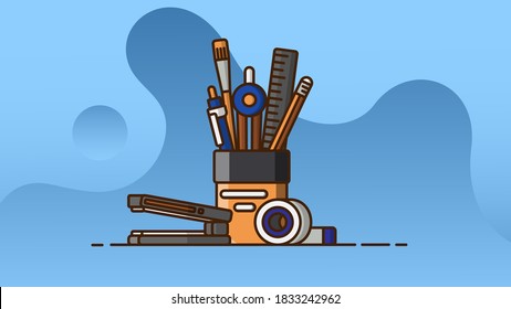 Suministros de oficina. Fondo azul. Imagen vectorial.
