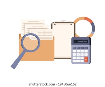 Office supplies cardboard office folders envelopes scrapbook calculator vector illustration on white background