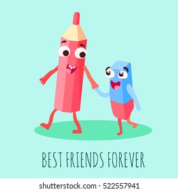 Office supplies cartoon template with funny colorful pencil and eraser in flat style isolated vector illustration
