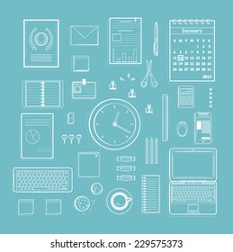 Office Supplies Collection Flat Clean Lines Monochrome Illustration on Blue. Business one color organization objects set. Vector design.