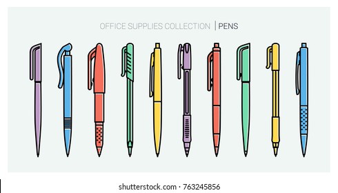 Office supplies collection. Pens set. Writing tools. Outline style. Ballpoint thin line vector icons. Back to school. Writing materials Vector Stationery collection.