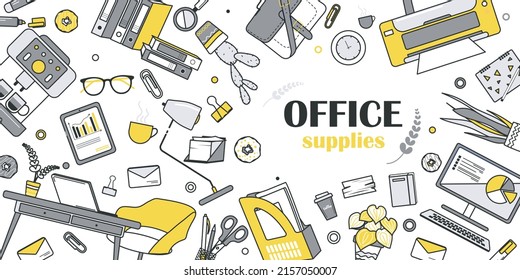 Office supplies concept for banner design with flat line doodle pattern. Hand drawing texture with document, computer, desktop, armchair, lamp, letter, cup, coffee machine. Vector illustration for web