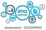 Office supplies concept banner web icons vector illustration concept. wit icons of paper, stationary, printer, computer, telephone, folder, envelope, cactus, on white background