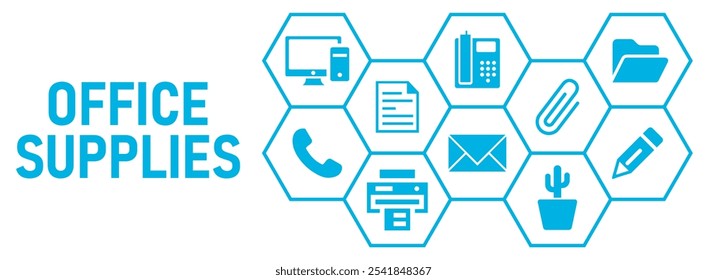 Concepto de Anuncio de suministros de oficina concepto de Ilustración vectorial de iconos web. con iconos de papel, estacionario, impresora, computadora, teléfono, carpeta, sobre, cactus, sobre fondo blanco
