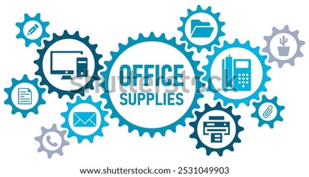 Office supplies concept banner web icons vector illustration concept. wit icons of paper, stationary, printer, computer, telephone, folder, envelope, cactus, on white background