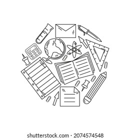 concepto de suministros de oficina. elementos de contorno estacionario de doodle dibujados a mano en composición de círculo. globo, sobre, pasador de papel, nota, flecha, lápiz, libro, lápiz, tubo de ensayo. vector aislado