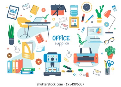 Office supplies concept isolated elements set. Bundle of workplace, computer, printer, folders, paperwork, water cooler, plants, coffee machine, lunch break. Vector illustration in flat cartoon design