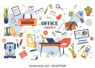 Office supplies concept isolated elements set. Collection of desk, computer or laptop, printer, coffee machine, cooler, documents in folders and other. Vector illustration in flat cartoon design