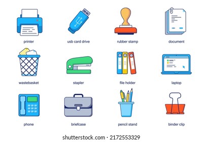 Office supplies concept line icons set. Pack outline pictograms of printer, usb card drive, rubber stamp, document, wastebasket, stapler, files. Vector flat elements for mobile app and web design