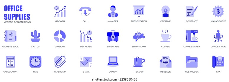 Office supplies concept of web icons set in simple flat design. Pack of growth, call, manager, presentation, contract, address book, document, diagram and other. Vector blue pictograms for mobile app