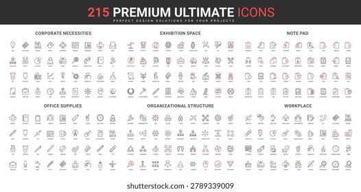 Office supplies, corporate value and necessity, organizational chart, workplace line icon set. Partnership and employee mission, museum, clipboard thin black and red outline symbol vector illustration
