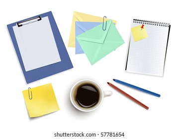 Suministros de oficina y taza de café. Vector.
