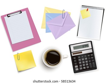 Office supplies and cup of coffee. Vector.