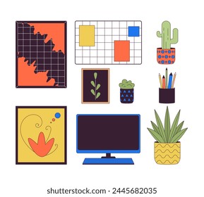 Material de oficina y decoración 2D lineal dibujos animados conjunto. Computadora con plantas de casa e imágenes línea aislada Elementos de Vector de fondo blanco. Diseño de interiores de color plano de la ilustración de la colección