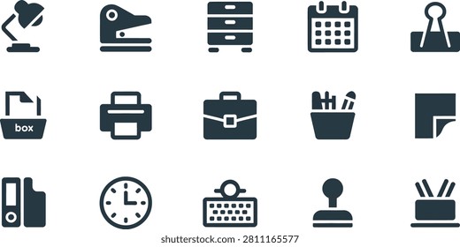 Office supplies desk lamp stapler drawers calendar binder paper clip printer briefcase pen holder