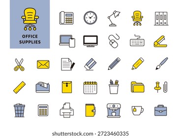 Suministros de oficina y escritorio de trabajo Flat Icon Set