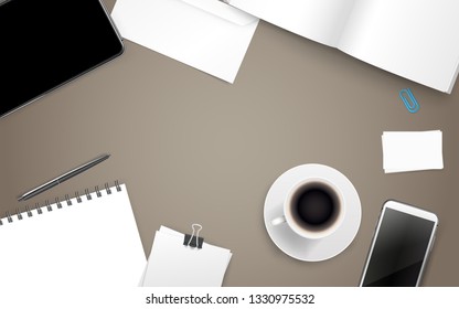 Office supplies. Different business stuff on a wood table. Template for a text