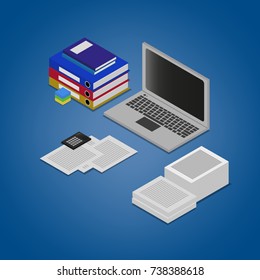Office supplies document folders papers laptop isometric vector illustration