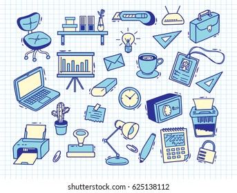 Office supplies doodle on paper background