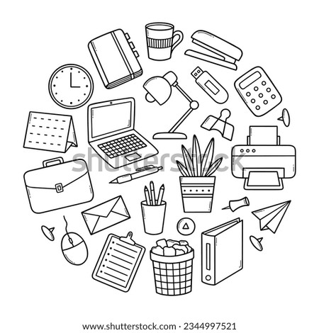 Office supplies doodle set. Office stuff: laptop, printer, lamp, calculator, phone, calendar in sketch style. Hand drawn vector illustration isolated on white background