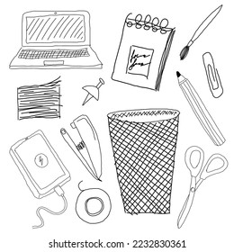 Office supplies in doodle style. black and white