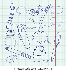 office supplies drawn on notebook sheet in blue ink vector illustration
