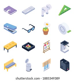 
Office Supplies and Electronics Isometric Icons 