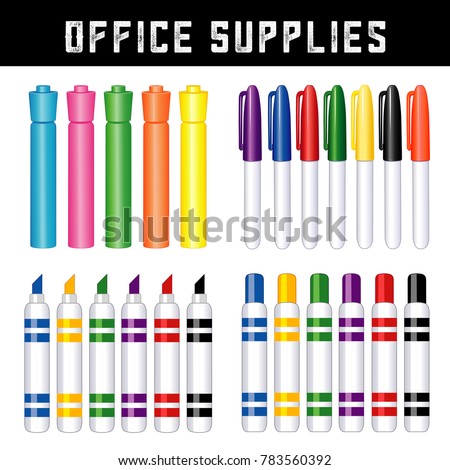 Office Supplies, Felt tip Marker Pens Collection, Highlighters, supplies for home, office and back to school projects, scrapbooks. Isolated on white background. 
