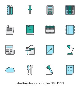 Office supplies filled outline icons set, line vector symbol collection, paperwork linear colorful pictogram pack. Signs, logo illustration, Set includes icons as file folders, calendar, notebook, pen