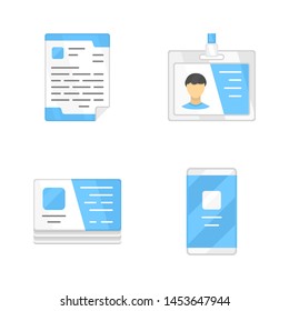 Office supplies flat design color icons set. Businessman tools isolated vector illustrations. Company equipment, accessories. Letterhead paper, employee badge, id card and mobile phone