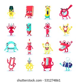 Office supplies funny flat collection with different smiling tools items accessories and stationery isolated vector illustration 
