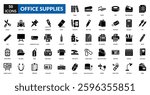 Office supplies glyph icon set collection. Stationery, pen, pencil, notebook, paper, folder, stapler, clip, ruler, eraser, scissors, highlighter, tape, calculator, envelope, binder, marker