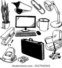 Office supplies - hand drawn vector illustration set