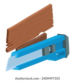 Icono de suministros de oficina vector isométrico. Cuchillo de papel azul y tablón de madera. Accesorio de Office