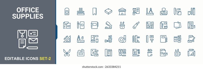 Conjunto de iconos de suministros de oficina. Contiene lápiz, equipo, documento, archivo, equipo de oficina, carpeta de archivos y más. Icono de papelería. Perfecto para logotipos e infografías. Trazo de Vector editable.