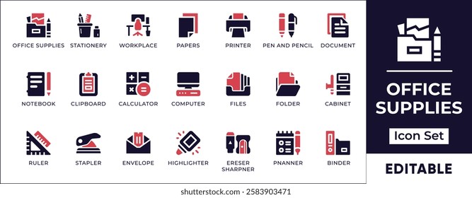 Office supplies icon set featuring stationery, office tools, workplace essentials, business equipment, and productivity items. Perfect for business and corporate