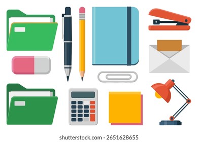 Office supplies icon set, folders, pens, notebooks, calculator, lamp, stationery collection, modern vector, organization tools