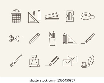 Office supplies icon set. Line icons collection on white background. Pencil, school, office. College concept. Can be used for topics like stationary, lesson, bookkeeping