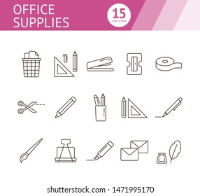 Office supplies icon set. Line icons collection on white background. Pencil, school, office. College concept. Can be used for topics like stationary, lesson, bookkeeping