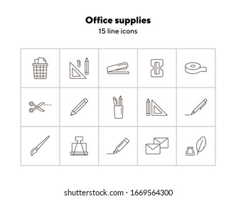 Office supplies icon set. Line icons collection on white background. Pencil, school, office. College concept. Can be used for topics like stationary, lesson, bookkeeping