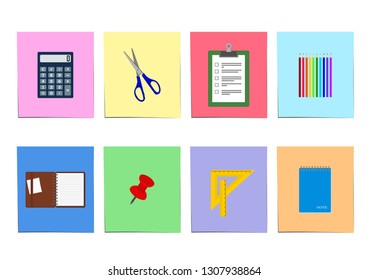 Office supplies icon set: notebook, clipboard calculator, ruler, scissors and pencils on colored sheet of paper