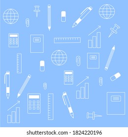 conjunto de iconos de suministros de oficina, vector eps10.Aislado en fondo azul