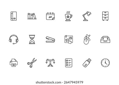 Office Supplies Icons Desk, Tools, and Time Management Set
