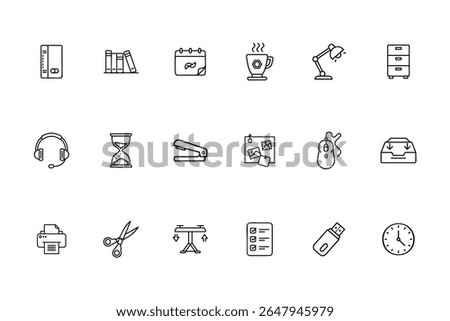 Office Supplies Icons Desk, Tools, and Time Management Set