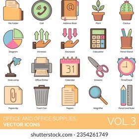 Office and Office Supplies Icons including Address Book, Brainstorm, Briefcase, Bulk Discount, Cactus, Calculator, Calendar, Call, Clipboard, Coffee Maker, Coffee, Computer Monitor, Contract