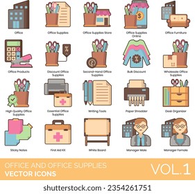 Office and Office Supplies Icons including Address Book, Brainstorm, Briefcase, Bulk Discount, Cactus, Calculator, Calendar, Call, Clipboard, Coffee Maker, Coffee, Computer Monitor, Contract