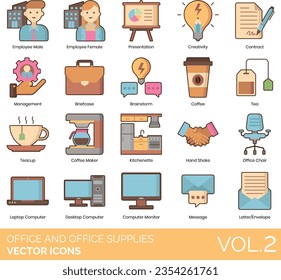 Office and Office Supplies Icons including Address Book, Brainstorm, Briefcase, Bulk Discount, Cactus, Calculator, Calendar, Call, Clipboard, Coffee Maker, Coffee, Computer Monitor, Contract