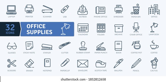 Office Supplies Icons Pack 1. Thin Line Icons Set. Flat Icon Collection Set. Simple Vector Icons