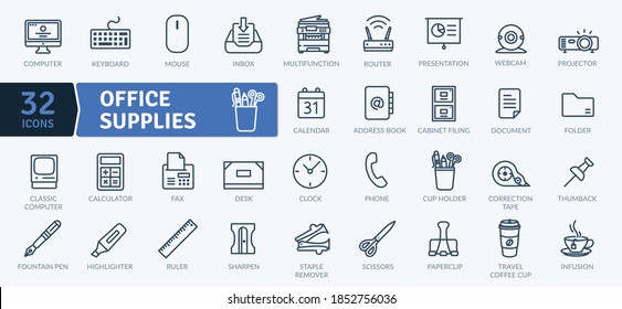 Paquete de iconos de suministros de Office 2. Iconos de línea delgada configurados. Conjunto de colección de iconos plano. Iconos vectoriales simples