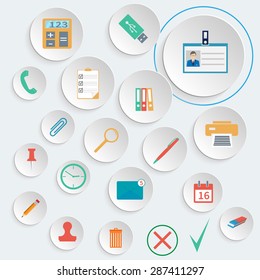Office supplies icons set. Stationery office tools. Vector illustration flat style